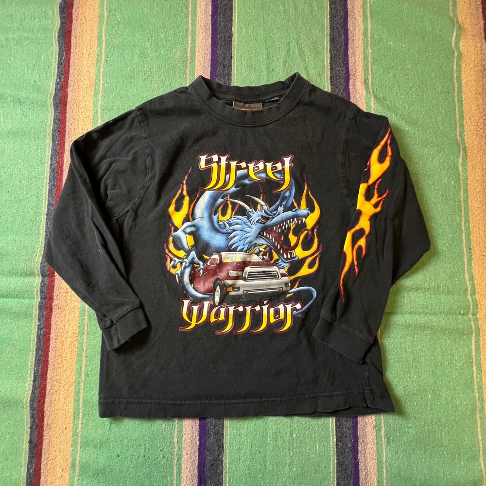 Urban Up Street Warrior Dragon Shirt Kids L Black Flame Sleeve Distressed Y2K